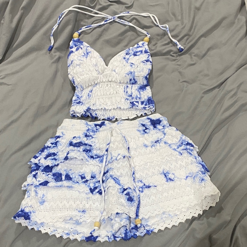 Blue and White Tie-Dye Crochet Set, Worn once, size medium